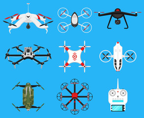 Set of modern air drones, quadrocopters and remote control. Science and Modern technologies. Vector illustration. Radio robot or airplane with a camera in the air. Innovative systems and developments.