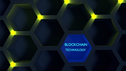 Glowing yellow nodes on a honeycomb structure blockchain concept