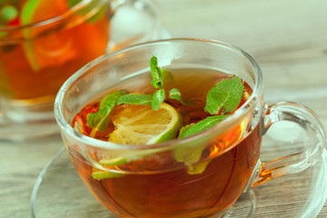 Cup of tea on wooden table