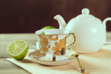 Cup of tea on wooden table
