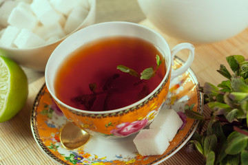 Cup of tea on wooden table