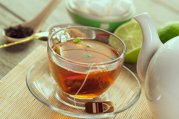 Cup of tea on wooden table