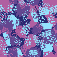 Vector colorful seamless pattern with brush strokes and dots. Pink blue violet color on dark background. Hand painted grange texture. Ink geometric elements. Fashion modern style. Unusual