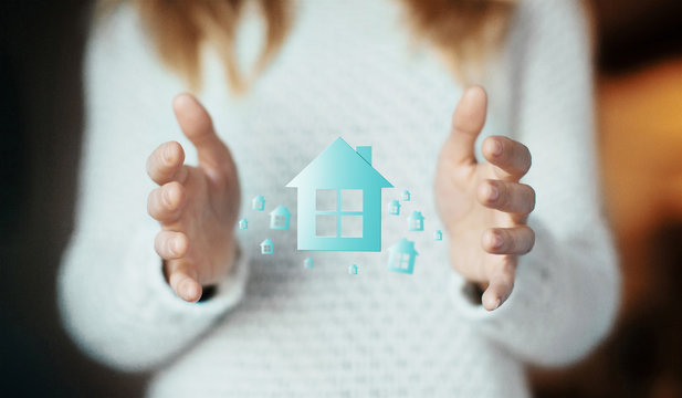 Mani con modelli di case, concept 3d