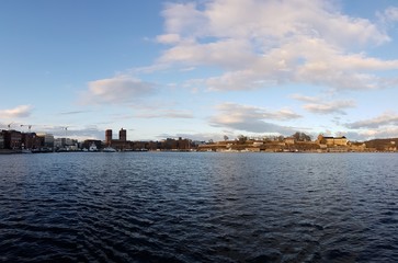 Oslo city landscape seen from Aker Brygge marina