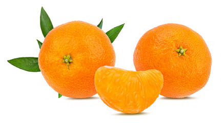 Fresh mandarin orange with leafs isolated on white background with clipping path