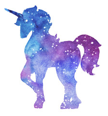 Silhouette fantastic unicorn on a cosmic background. Watercolor illustration
