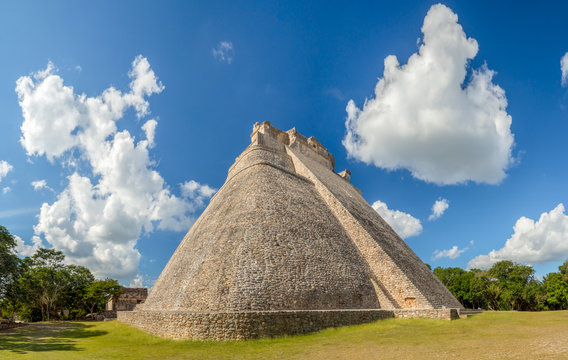 The great pyramid of magician in Uxmal archeological site, tourist destination, indian Aztec Mayan Zapotec