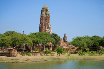 Fototapeta premium Ruins of the ancient Buddhist temple of Wat Phra Ram in the sunny day. Ayutthaya, Thailand