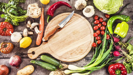 Organic vegetables healthy nutrition concept on wooden background