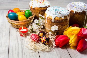Congratulatory easter background with cake and eggs ready for celebrations