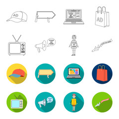 TV, megaphone, a man with a poster, an airplane with a banner.Advertising,set collection icons in outline,flet style vector symbol stock illustration web. © pandavector