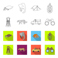 Observation tower for the hunter, leopard, hunting machine, binoculars. African safari set collection icons in outline,flet style vector symbol stock illustration web. © pandavector