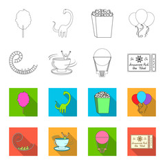 Roller coaster ride, balloon with basket, caruelle cup, ticket to the entrance to the park. Amusement park set collection icons in outline,flet style vector symbol stock illustration web. © pandavector