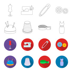 Pincushion with pins, thimble, centimeter, dress.Atelier set collection icons in outline,flet style vector symbol stock illustration web. © pandavector
