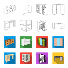 Dressing table, corner shelves, computer desk, wardrobe with glass. Bedroom furniture set collection icons in outline,flet style vector symbol stock illustration web. © pandavector