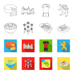 Territory on the map, brussels sprouts and other symbols of the country.Belgium set collection icons in outline,flet style vector symbol stock illustration web. © pandavector