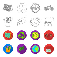 A processing plant, flowers in a pot, a green leaf, a planet Earth.Bio and ecology set collection icons in outline,flet style vector symbol stock illustration web. © pandavector