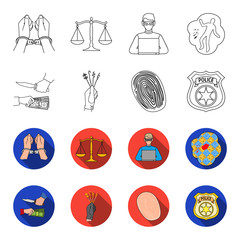 Robbery attack, fingerprint, police officer s badge, pickpockets.Crime set collection icons in outline,flet style vector symbol stock illustration web. © pandavector