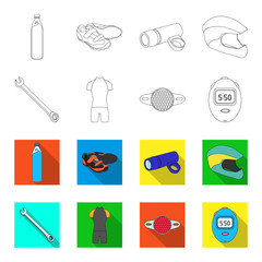 A wrench, a bicyclist s bone, a reflector, a timer.Cyclist outfit set collection icons in outline,flet style vector symbol stock illustration web. © pandavector