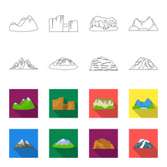 Mountains in the desert, a snowy peak, an island with a glacier, a snow-capped mountain. Different mountains set collection icons in outline,flet style vector symbol stock illustration web. © pandavector