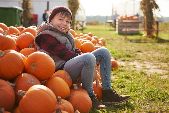 Portrait of boy sitting on stack of harvested pumpkins