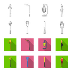 Lamppost in retro style, modern lantern, torch and other types of streetlights. Lamppost set collection icons in outline,flet style vector symbol stock illustration web. © pandavector
