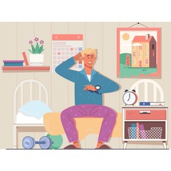 Man waking up after sleeping in the morning in the bedroom