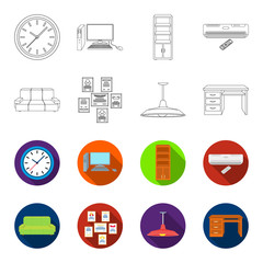 Comfortable sofa, letters and diplomas within the framework, an office ceiling lamp, a desk with drawers. Office Furniture set collection icons in outline,flet style vector symbol stock illustration © pandavector