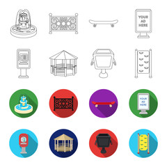 Telephone automatic, gazebo, garbage can, wall for children. Park set collection icons in outline,flet style vector symbol stock illustration web. © pandavector