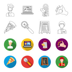 A pizza cutter, a slice, a menu in a pizzeria, a courier. Pizza and pizzeria set collection icons in outline,flet style vector symbol stock illustration web. © pandavector