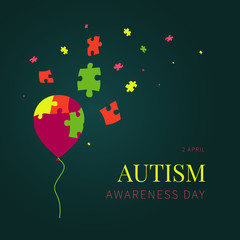 Autism awareness day poster on green background. Jigsaw balloon with detaching puzzle pieces. Social interaction and communication disorder. Solidarity and support symbol. Medical vector illustration.