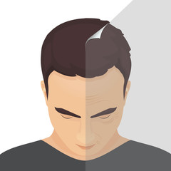 Close up vector portrait of a man before and after cosmetic procedure. Beauty facial injections for men. Anti-ageing therapy for facelift and wrinkles. Male rejuvenation treatment infographics.