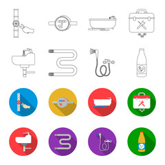 Washbasin, heated towel-dryer, mixer, showers and other equipment.Plumbing set collection icons in outline,flet style vector symbol stock illustration web. © pandavector