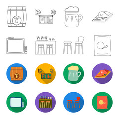 TV, bar counter, chairs and armchairs, potato chips.Pub set collection icons in outline,flet style vector symbol stock illustration web. © pandavector