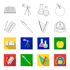 Multicolored paints with a tassel, pen, triangle and ruler, satchel, briefcase. School and education set collection icons in outline,flet style vector symbol stock illustration web. © pandavector