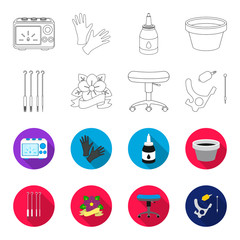 Chair on rollers, needles for tattoo and other equipment. Tattoo set collection icons in outline,flet style vector symbol stock illustration web. © pandavector