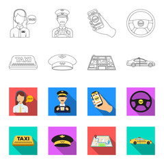 Yellow taxi inscription, a cap with a taxi badge, a map with a mark, a car with checkers. Taxi set collection icons in outline,flet style vector symbol stock illustration web. © pandavector