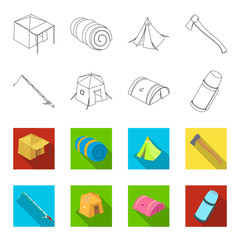 Spinning for fishing, tent, thermos.Tent set collection icons in outline,flet style vector symbol stock illustration web. © pandavector