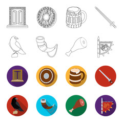 Sitting crow, horn with drink, ham, victory flag. Vikings set collection icons in outline,flet style vector symbol stock illustration web. © pandavector