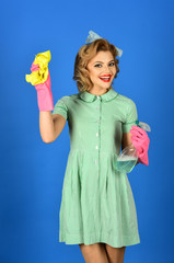 Pinup woman hold soup bottle, duster.