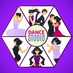 Dance Studio Template. Composition with Different Dance Styles in Cartoon Style for Fliers Posters Prints of Dance School and Studio. Vector Illustration