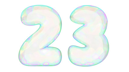 Underwater or soap bubbles with rainbow reflection  in the shape of number 23 in on white background. 3d render typography.