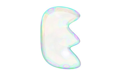 Underwater or soap bubbles with rainbow reflection  in the shape of letter E in on white background. 3d render typography.