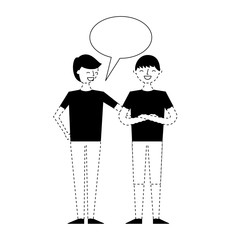 people male character men friends speech bubble vector illustration monochrome dotted line image
