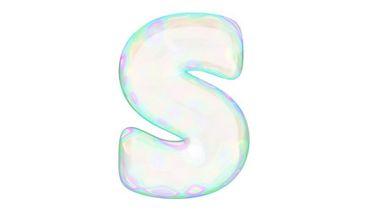 Underwater or soap bubbles with rainbow reflection  in the shape of letter S in on white background. 3d render typography.