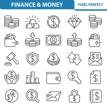 Finance and Money Icons. Professional, pixel perfect icons depicting various finance, money and currency concepts. EPS 8 format.