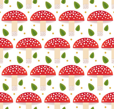 Vector flat  style seamless pattern with forest folk mushrooms. Ttraditional seamless pattern with forest berries and mushroom. 