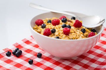 Bowl of Granola, Blueberries and Raspberries