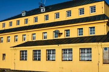Yellow walls of a mountain hostel in the Giant Mountains in Poland.
